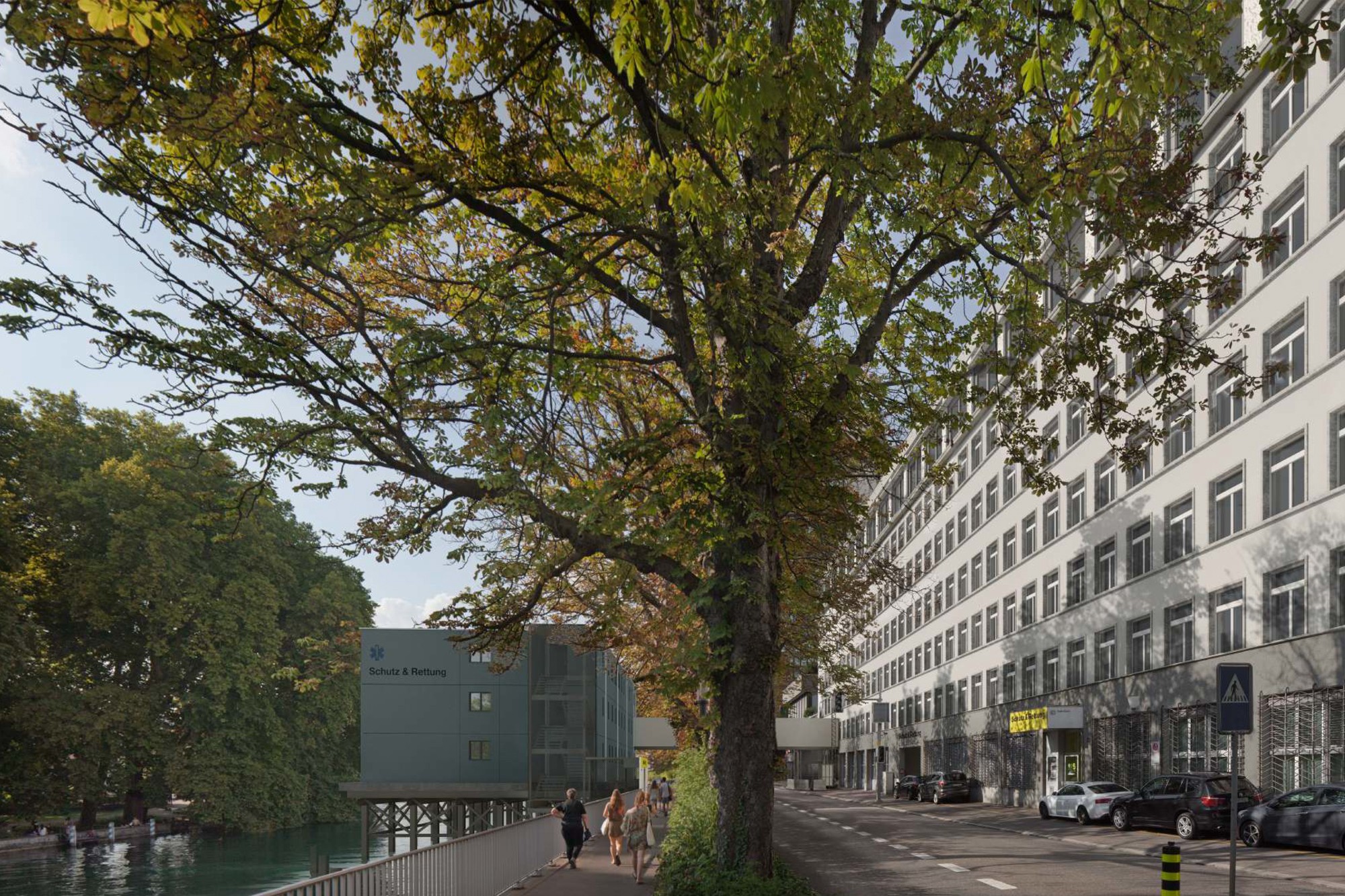 Aussenansicht Amtshaus Walche mit Provisorium (Visualisierung © ARGE Meili Peter Partner Architekten AG & HSSP AG, Zürich)